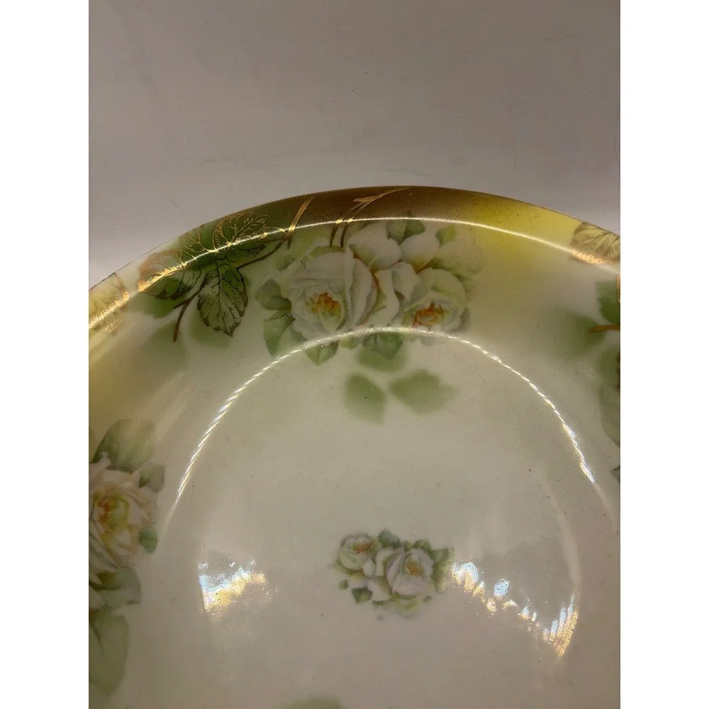 Leuchtenburg Germany Antique Porcelain Serving‎ Bowl White Roses Gold Gilt 10 in